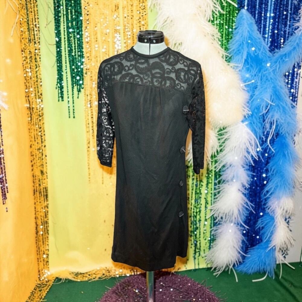60s Black Mod Shift Cocktail Dress Lace Yoke Rhinestone Buttons Women’s M